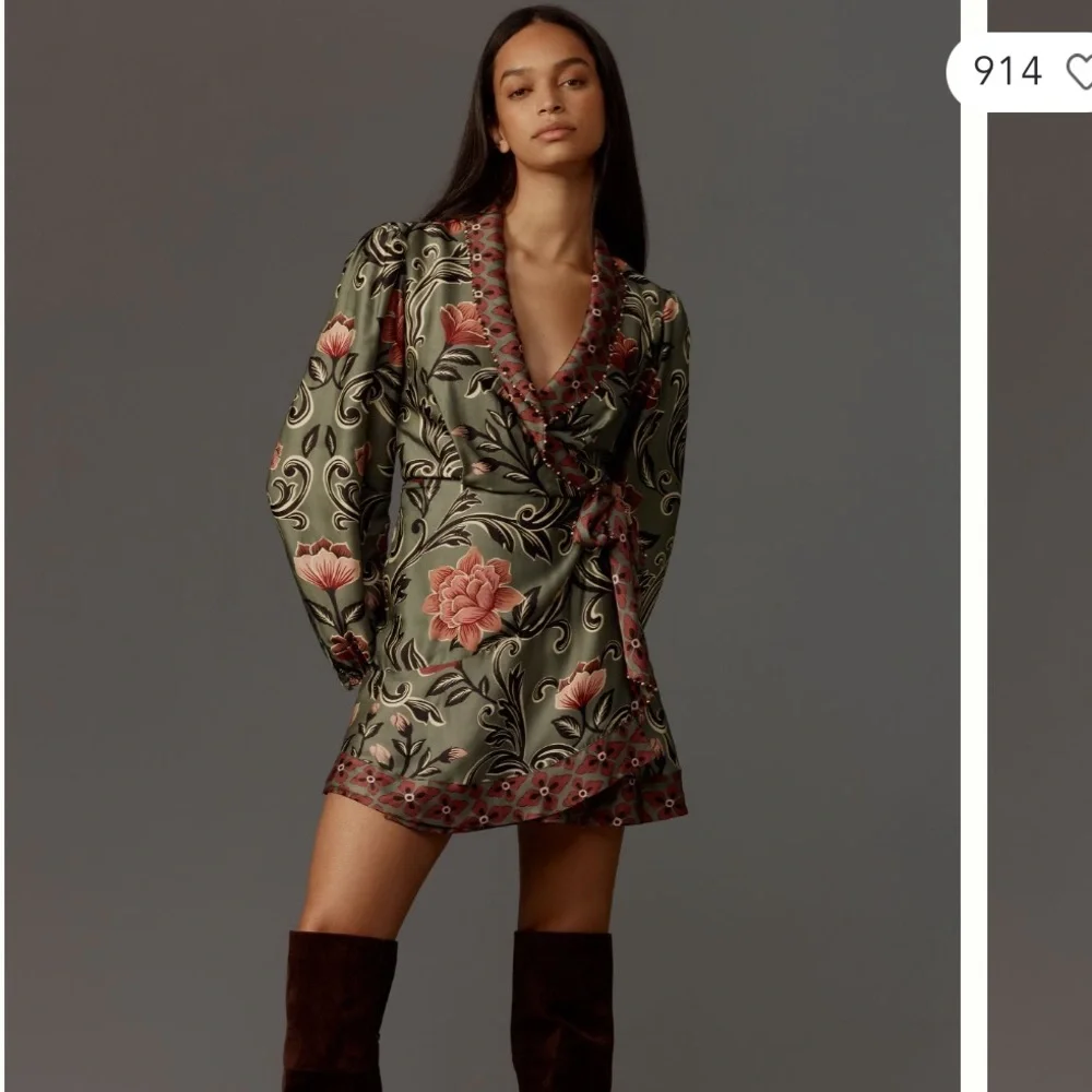 FARM RIO ANTHROPOLOGIE NWT Arabesque Long Sleeve Wrap Mini Dress XS Floral Print - Picture 3 of 12